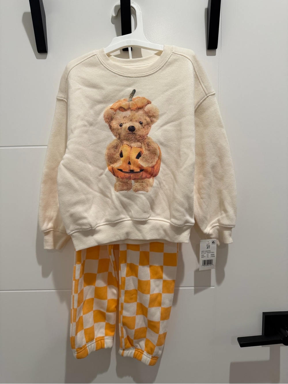 New Sz 3T 2 Pc Pumpkin Bear Sweatshirt Sweatpants Set Halloween Cream Orange